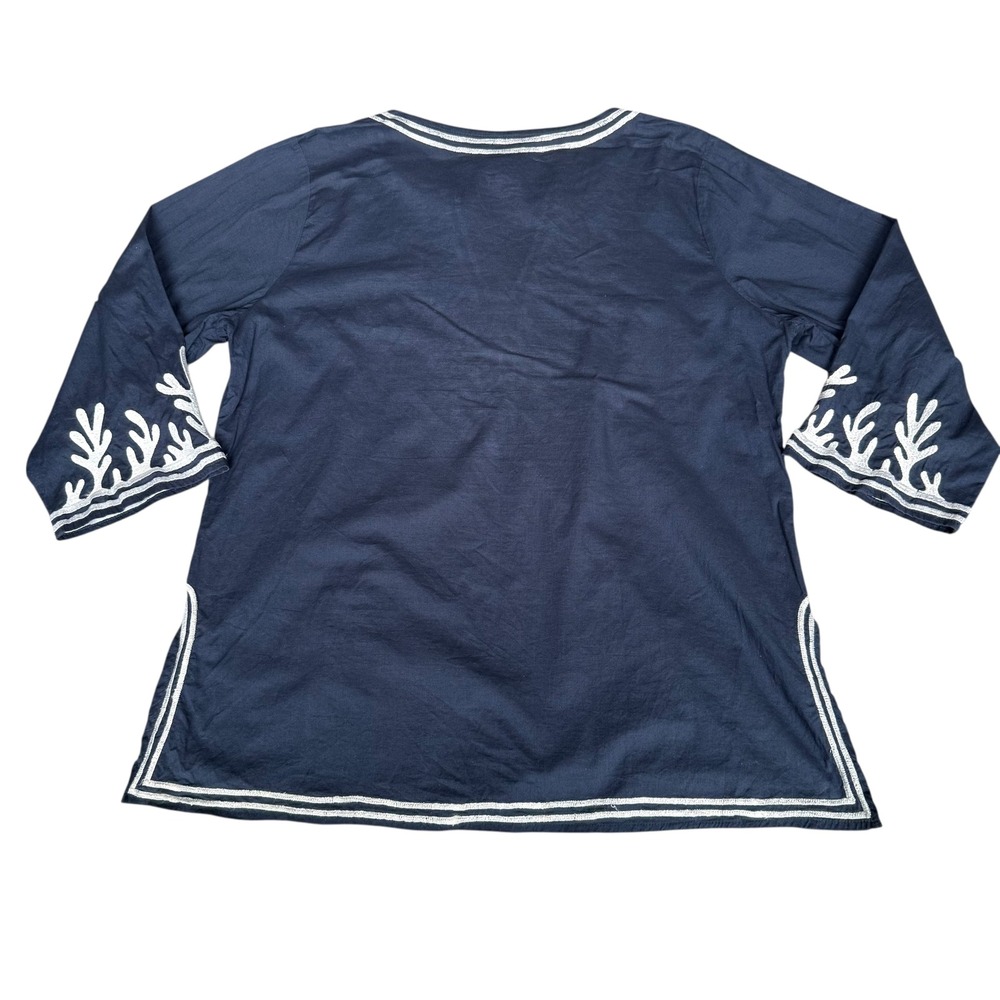 Gretchen Scott Cotton Embroidered Tunic The Reef Navy Blue White Coral Top XL - Picture 5 of 11